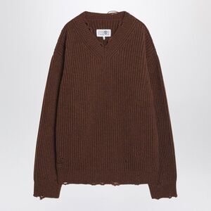 Mm6 Maison Margiela Distressed Brown Wool-Blend Sweater Men